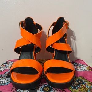 Neon Orange Strappy Block Heels / Dolls Kill
